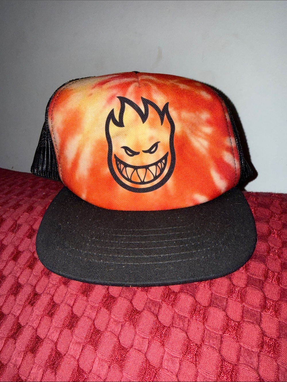 Spitfire Trucker Hat Red Orange Tie Dye Black Mesh Y2K Skate